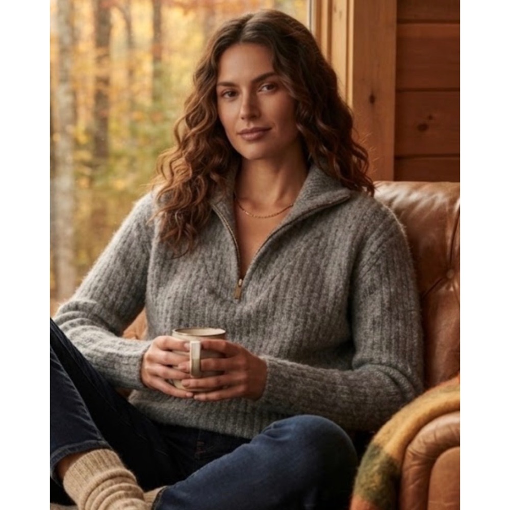 Express London Womens Gray Quarter Zip Fuzzy Ribbed Knit Wool Blend Sweater M